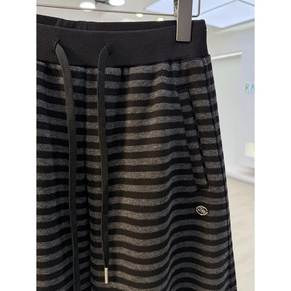 Thiened Fce-pantalones de plátano hasta el suelo para mujer, pantalón informal, diseño de rayas con cuchillo, cintura alta, algodón elástico