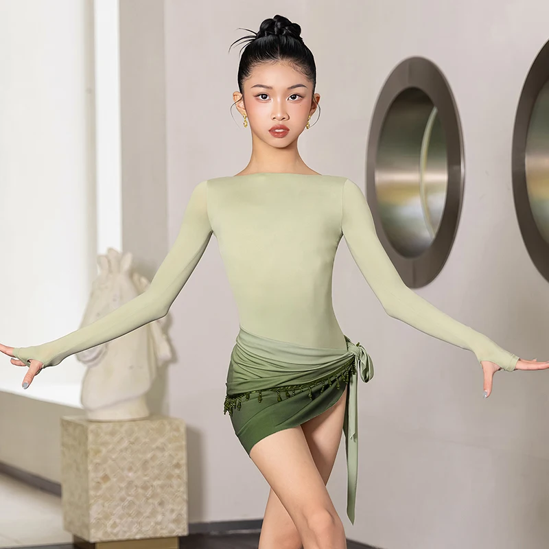 Vestido latino 2025 nueva ropa de actuación para niñas traje de baile verde de manga larga chico Rumba Tango traje de escenario ropa de práctica VBH2028