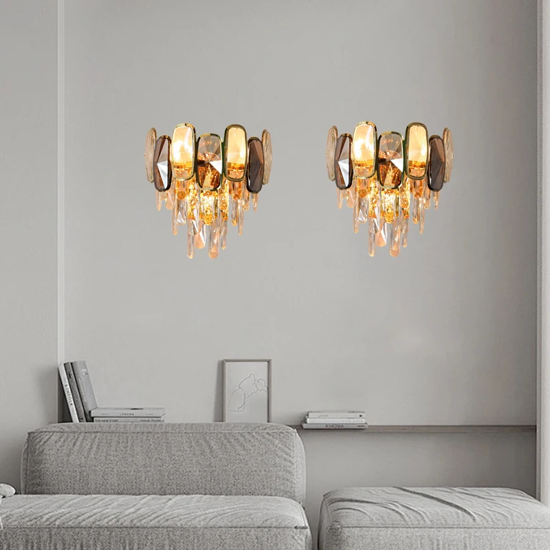 Postmodern Luxury Crystal Wall Sconce Lamp Background Lights Led Home-appliance Aisle Hotel Project Wall Light Gold