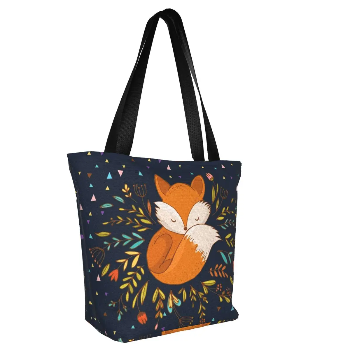 Cute Fox Flowers And Triangles Shopping Bag Animal Lover Gift Gift Aesthetic Handbag Cloth School Woman Bags