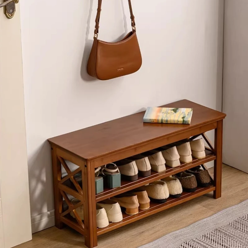 

Bamboo Entryway Shoe Bench Space Saving Hall Shoes Organizer Multifunctional Shoe Rack Cabinet Double Layer Home Shoe Stool