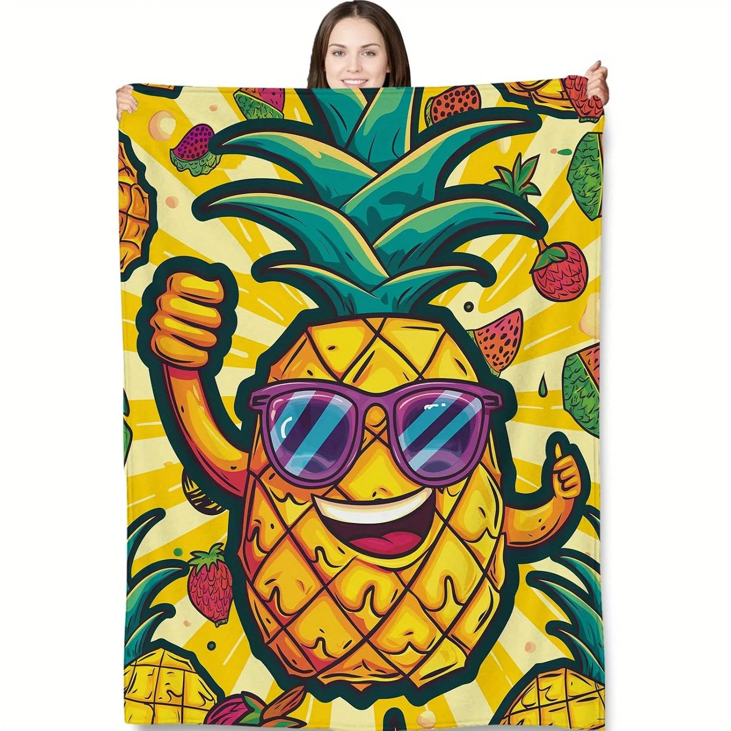 Fun pineapple emoji pattern Flannel printed blanket suitable for all seasons suitable for living room office sofa and travel