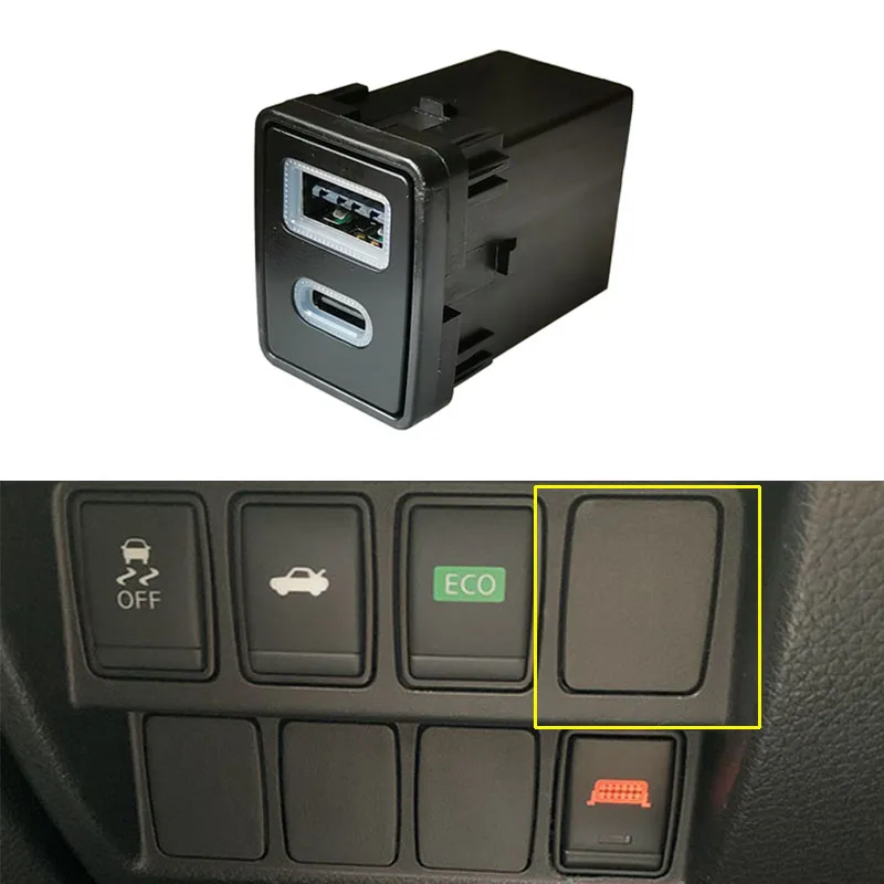 

1pc Car Quick Charger TYPE-C PD QC3.0 USB Interface Dual Socket Use For Nissan SerenaC27 Teana Sylphy Qashqai X-TRAIL Navara