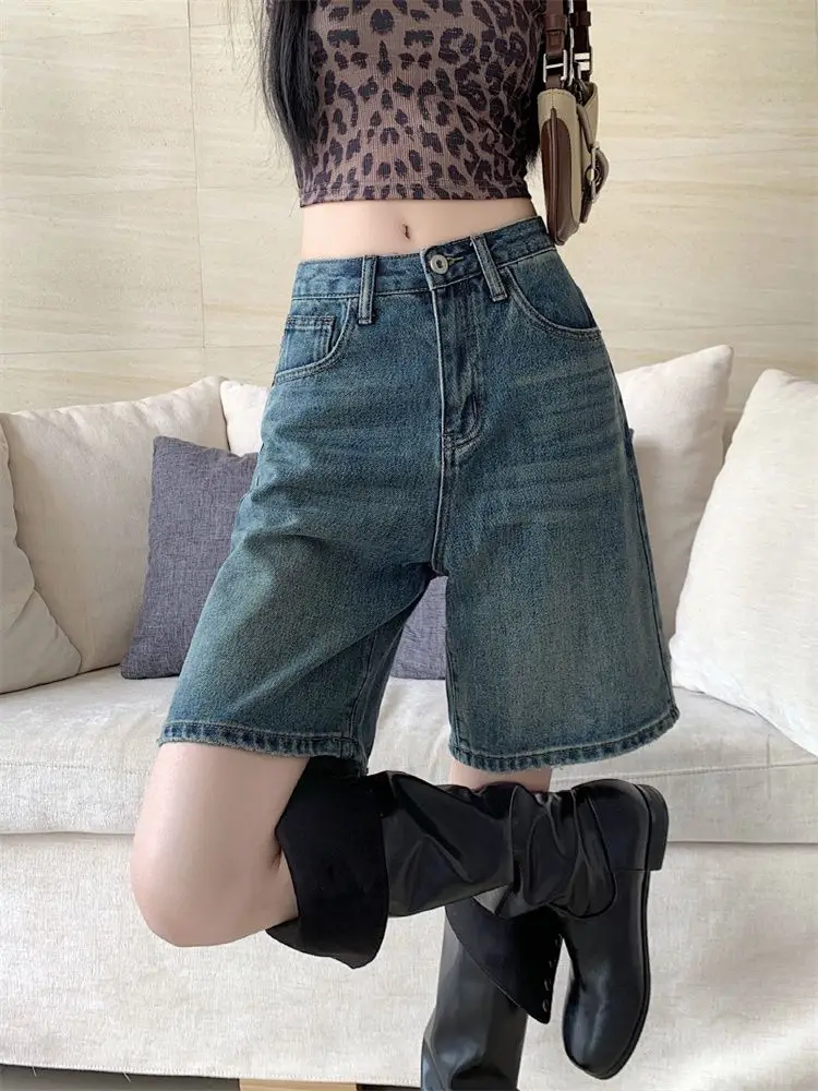 

Shorts Women Street Style Harajuku Vintage Simple Denim High Waist Leisure Aesthetic Summer Lady Straight Design Hipster Korean