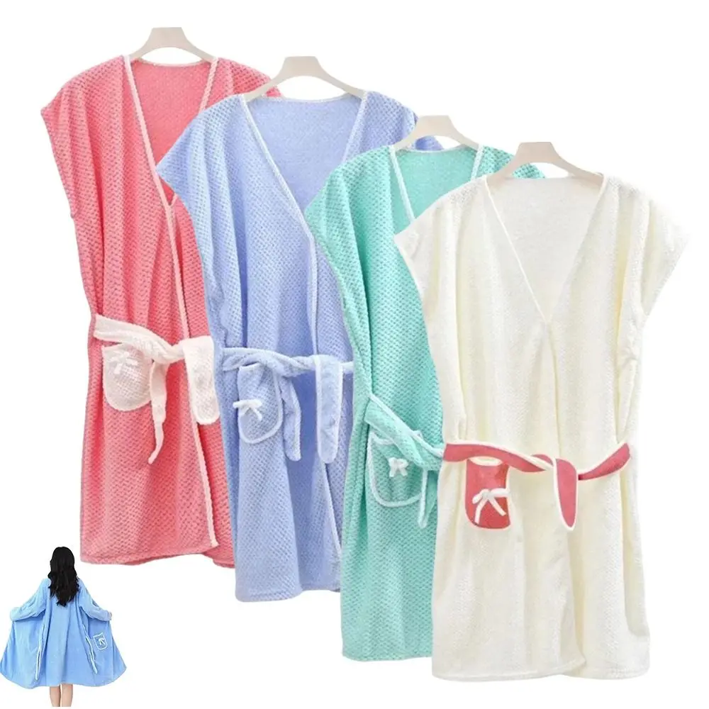 Fashion Soft Coral Velvet Short-sleeved Robe Towel Super Absorbent Can Be Worn and Wrapped Women's Bath Wrap Dress Tied Bathrobe