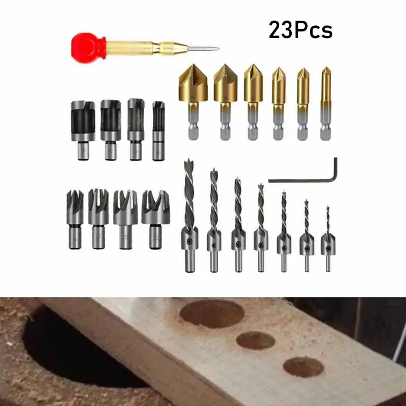 

23Pcs HSS Countersink Drill Bit Set Reamer Woodworking three-point Chamfer Drill positioning center punch combination set