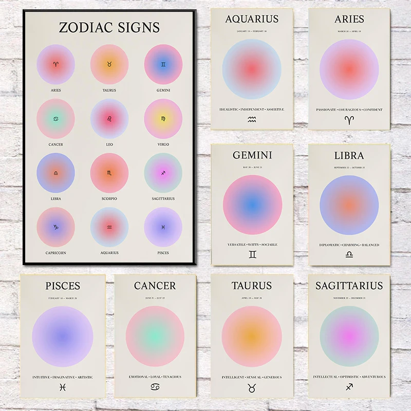 Zodiac Aquarius Cancer Aries Pisces Halo Gradient Artwork Poster Canvas Paintings Wall Art Pictures Home Decor