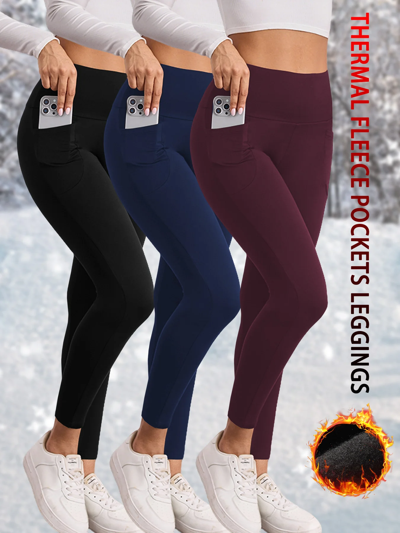 

3 Pack High Waisted Thermal Leggings with Pockets for Women - Fleece Lined Winter Warm Thick Tights Workout Running Pants