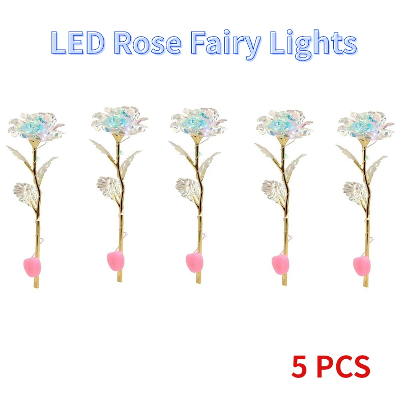 5 PCS Rose Love Flowers with Light Valentine's Creative Gift 24K Rose Gold Wedding Decor Fake Flowers LED Fairy Lights