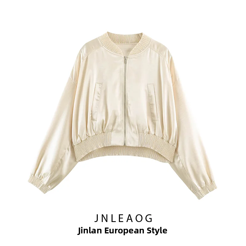JNLEAOG Fashion Satin Pilot Jacket Women's Outerwear Autumn New Style Standard Fit Zipper Closure Polyester Fiber Ladies Coat