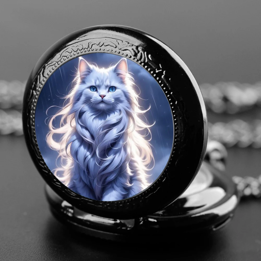 

Retro Cute Cat Quartz Pocket Watch for Women Men, Cool Black Necklace, Unique Pendant Clock Chain Watch Kids Gift Accessories