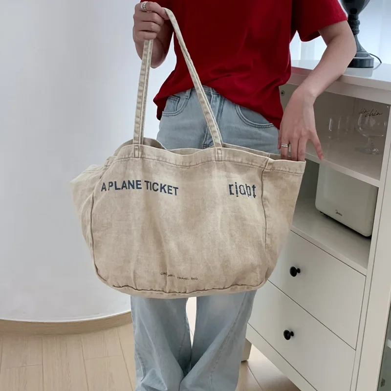 Versatile Single Shoulder Large Capacity Letter Printed Canvas Bag Casual and Simple Shopping Tote Bag