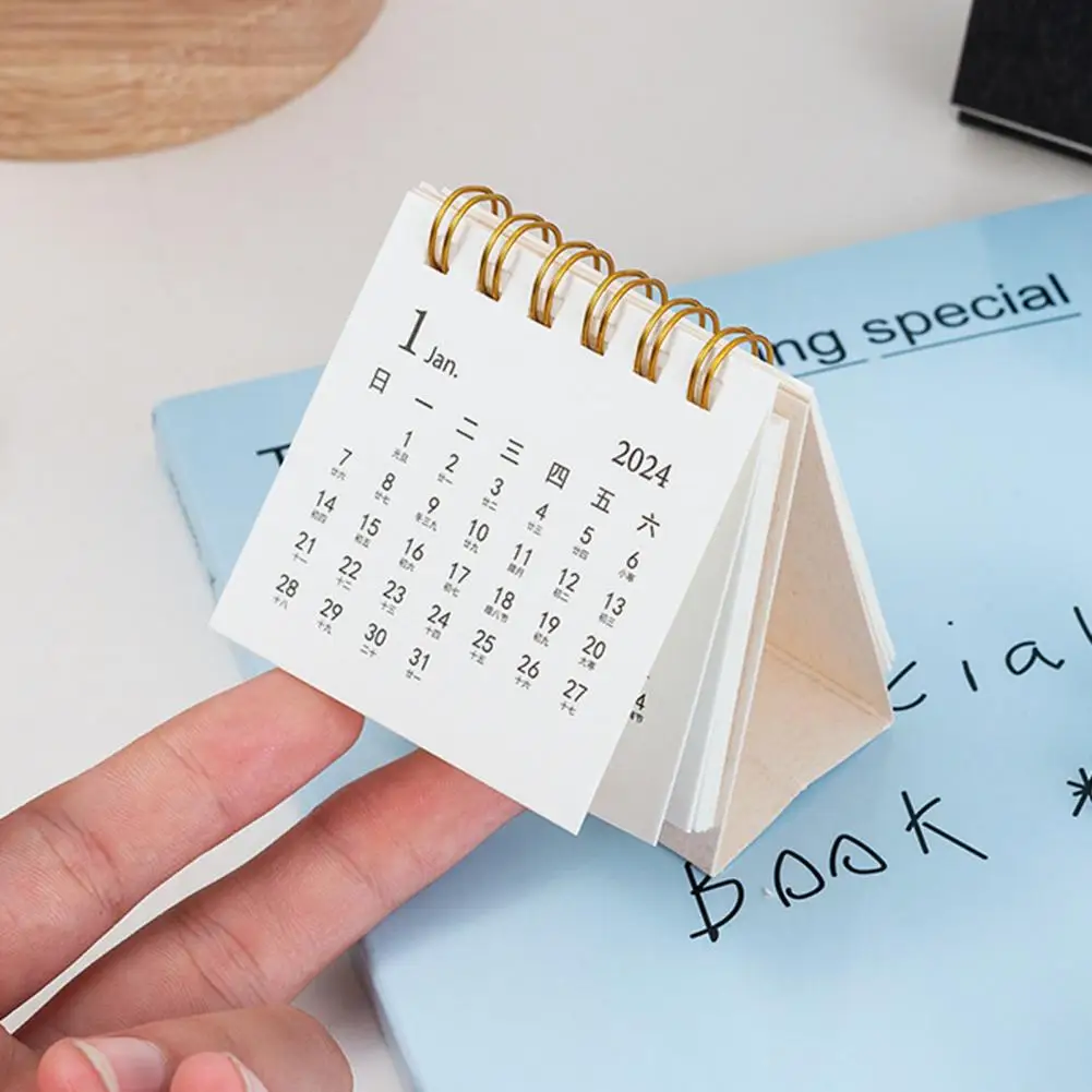 2024 Mini Desktop Calendar Plan Book Spiral Coil Page Turning Date Recording Calendar Desk Monthly Planner Student Supplies