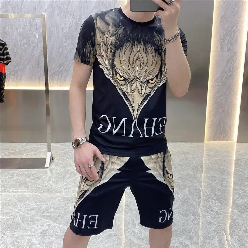 Men's Clothing Summer Short-sleeved T-shirt Shorts Two-piece Set Trendy Men's Hot Drilling Printed Handsome Casual suit