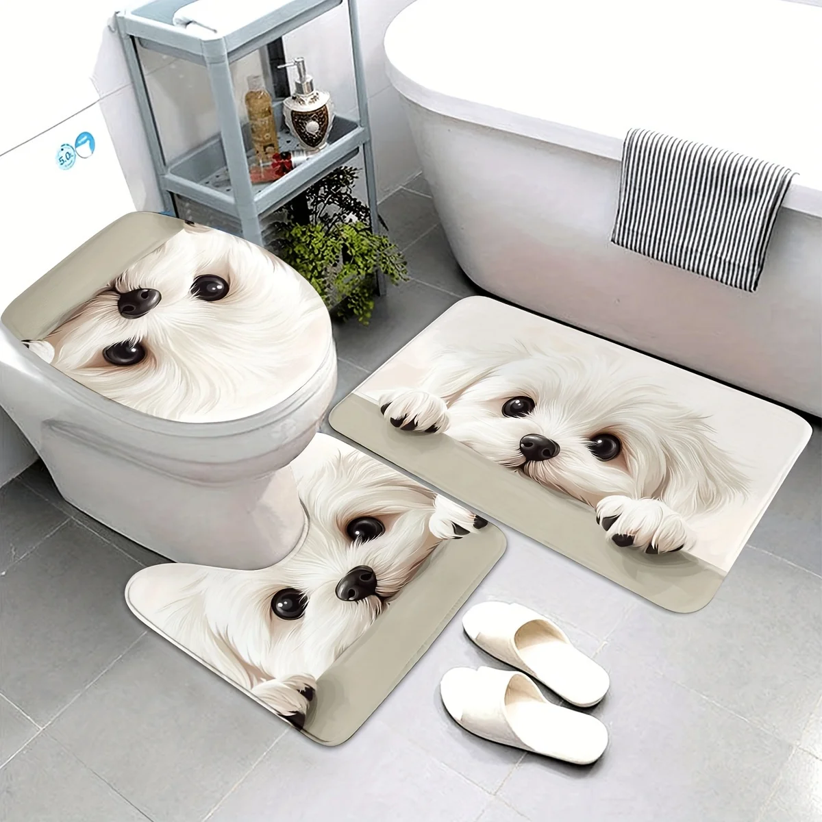 

3pcs Cute White Dog Bathroom Rug Set Non-Slip U-Shaped Mat and Toilet Lid Cover Animal Theme Home Decor Washable Floor Mats