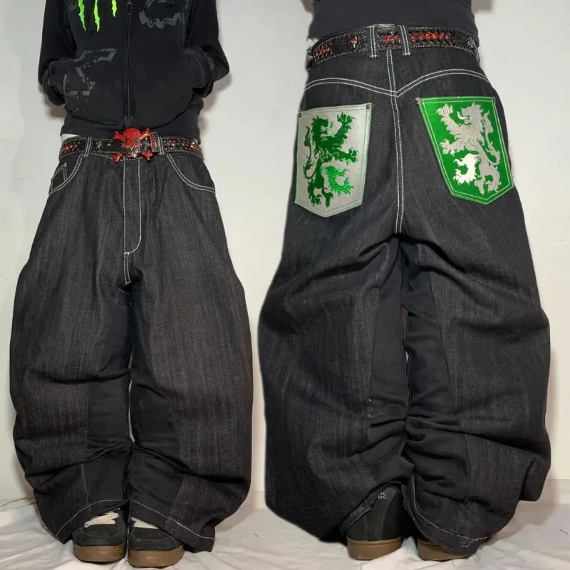 

New American high street dragon pattern embroidered loose jeans retro hip-hop fashion jeans Gothic Y2K oversized men jeans