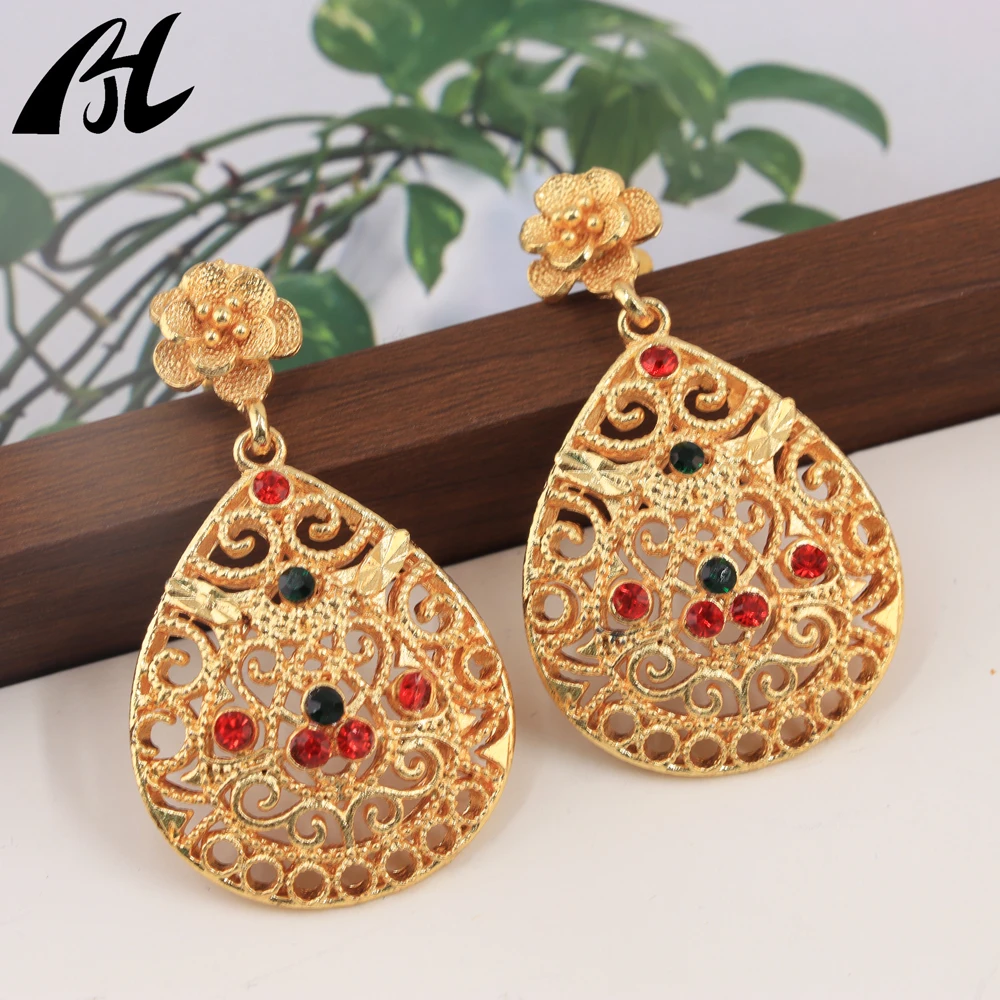 Wedding Gold earrings Red and green stone fashion jewelry alloy premium earrings