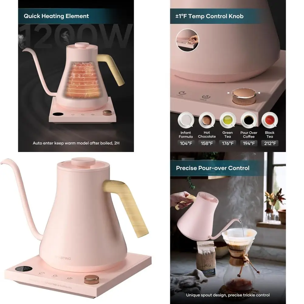 

Pink 0.9L Gooseneck Kettle: ±1°F Temp Control, Stainless Steel, Fast Heating for Coffee, Tea, Hot Water