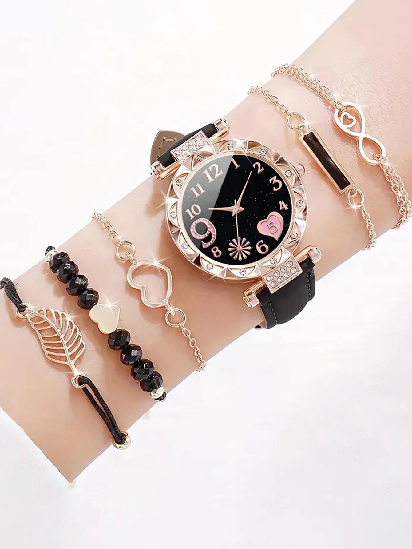 6PCS Women\'s Fashion Quartz Watch Luxury Pink Leather Band Analog WristWatch Ladies Watch Women Dress Bracelet Set  Clock