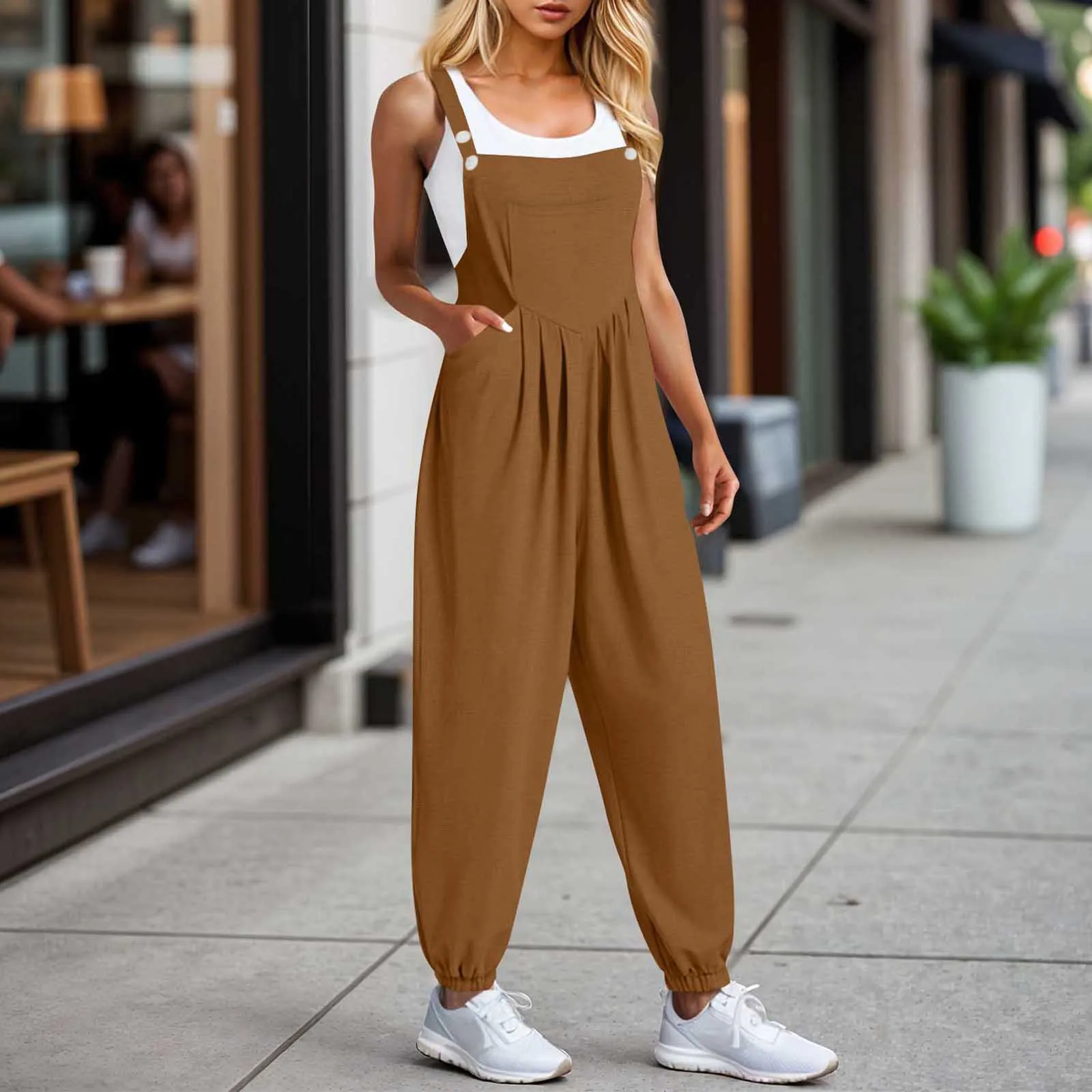 Women'S Spring  Jumpsuits Adjustable Strap Vintage Solid Color Sleeveless Pants With Pockets Enterizos Para Mujeres