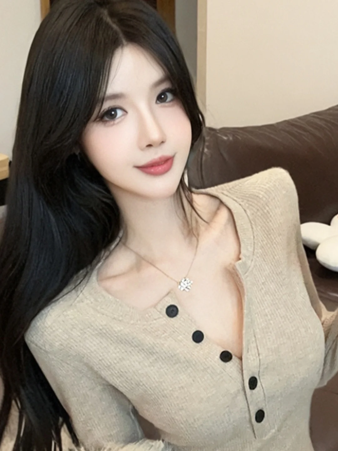 

American Style Henry Collar Long Sleeve T-Shirt Women's Autumn Winter Unique Slim Fit Fashionable Warm Base Layer Shirt Top