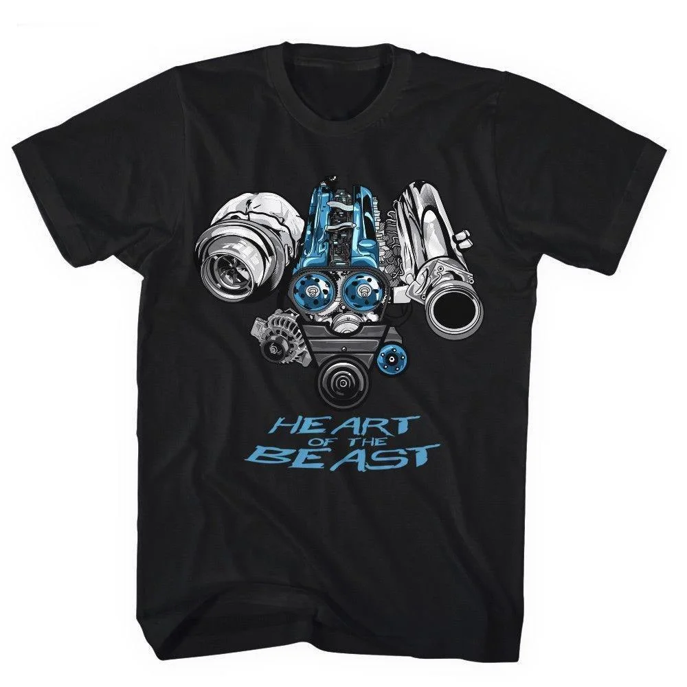 Men Black Crew Neck T-shirt Turbo Car Engine Machinery Graphic Print Short Sleeve Unisex Racing Car Enthusiast Street Tops