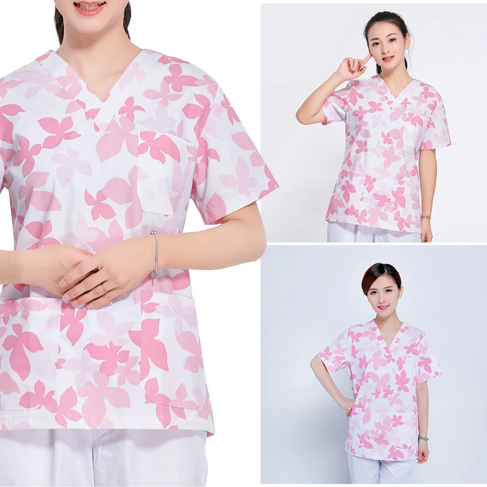 

1 Set Short Sleeve Work Uniform Cotton Two-Pieces Hospital Nursing Clothes V Neck Costume For Beautician Clinic Maple Pattern