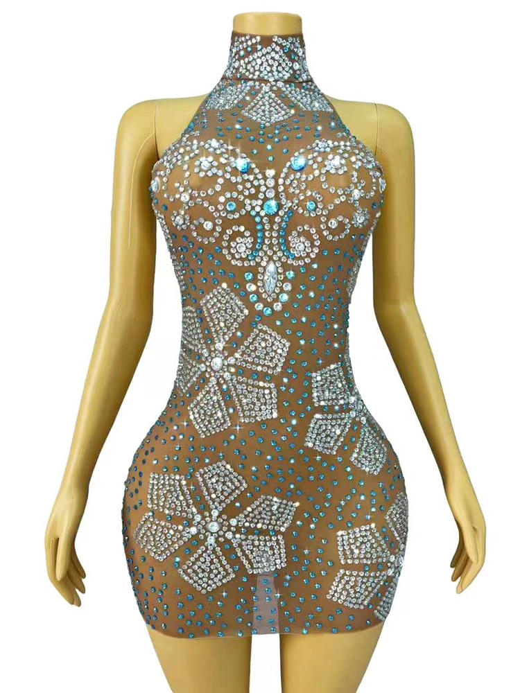 

Sexy See Through Stretch Mesh Women Party Dress Shining Rhinestones Lady Evening Dressrs Dance Wear Stage Performance Costume