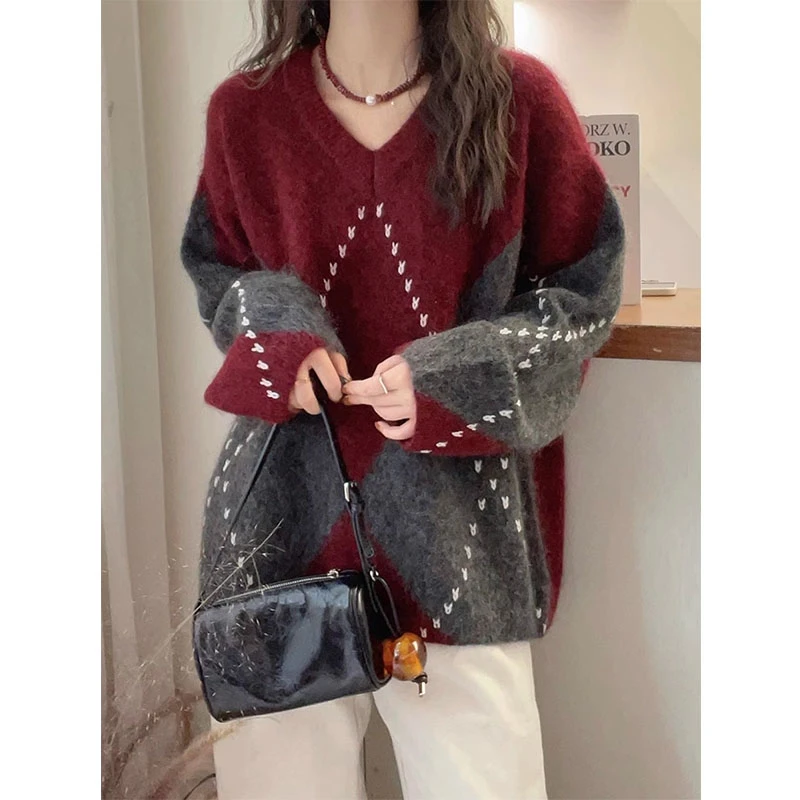 

Мягкий вязаный свитер с цветными блоками и ромбовидным узором, осенне-зимний женский свободный топ с v-образным вырезом, утолщенный геометрический топ