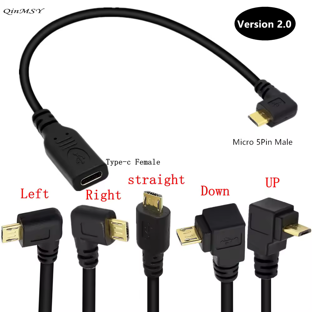 Câble Micro & Mini Type C mâle vers USB 3.1 Type C femelle Angle droit et gauche Mini USB 2.0 adaptateur de données convertisseur câble de chargement 3A