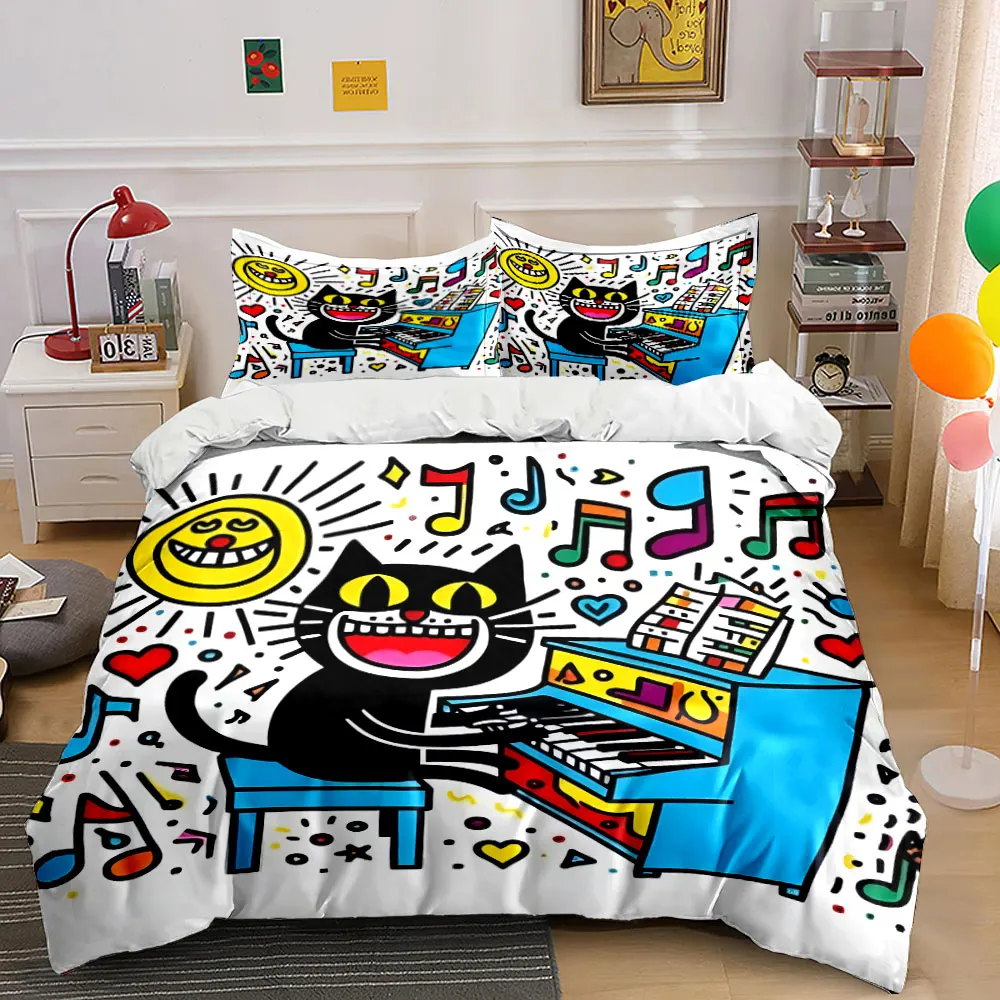 Cheerful cat playing colorful piano Print Bedding Set 1 Duvet Cover 2 Pillowcases for Adult and Children Luxury Gift Full Size