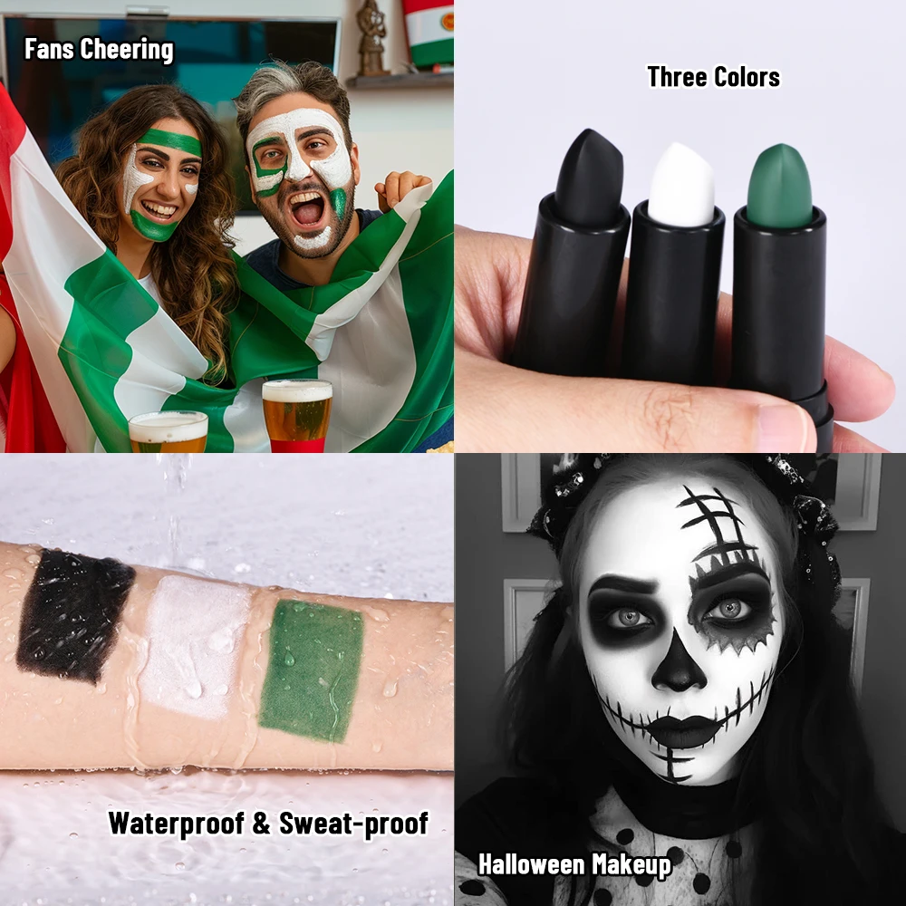 防水フェイスとボディペイントスティック,ハロウィンメイク,黒,サッカー,3色