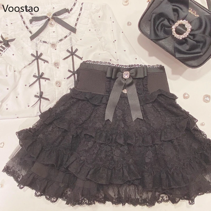 Japanese Gothic Lolita Style Mini Skirt Women Elegant Sweet Bow Mesh Lace Ruffles Short Skirts Girls Cute Y2k A-Line Cake Skirt