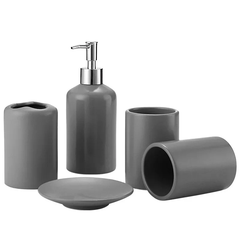 

WSHYUFEI Nordic bathroom Kit matte gray simple ceramic five-piece Mouthwash Cup lotion bottle soap box bathroom wash set