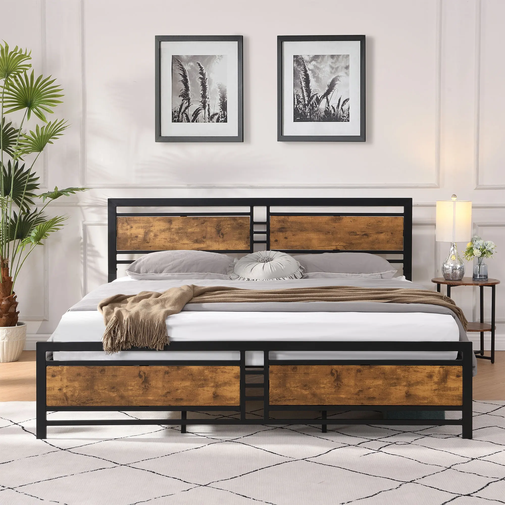 King/Queen/Full Metal Platform Bed Frame with Wood Headboard&Footboard Heavy Duty Mattress Foundation Slat Support Noise-Free