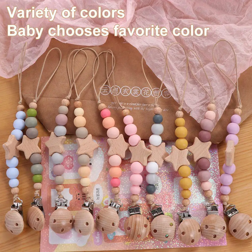 

Nipple Holder Clips Children Wood Soother Holder Baby Pacifier Chain Dummy Clips Baby Teether Straps Pacifier Holder Clips