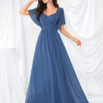 שמלת משרתת של UNITHORSE עם V-Neck, שרוולי תחרה משובצים וקשיר...