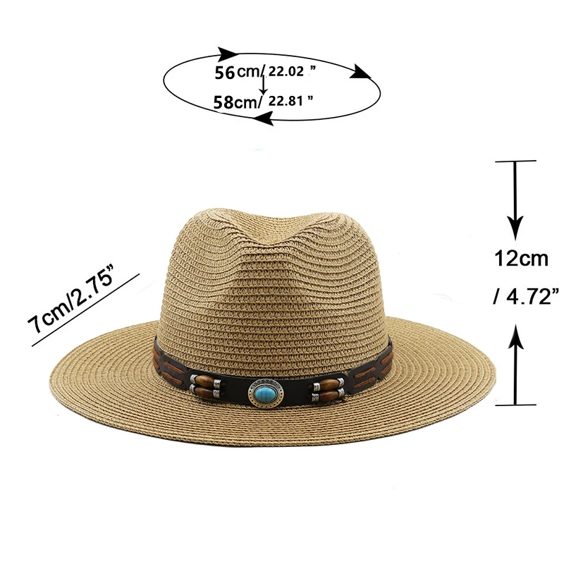 Chapeau de plage en paille à large bord pour homme et femme, casquette de soleil d\'été, Fedora, grande taille, 54cm, 56 cm, 58cm, 59 cm, 61cm