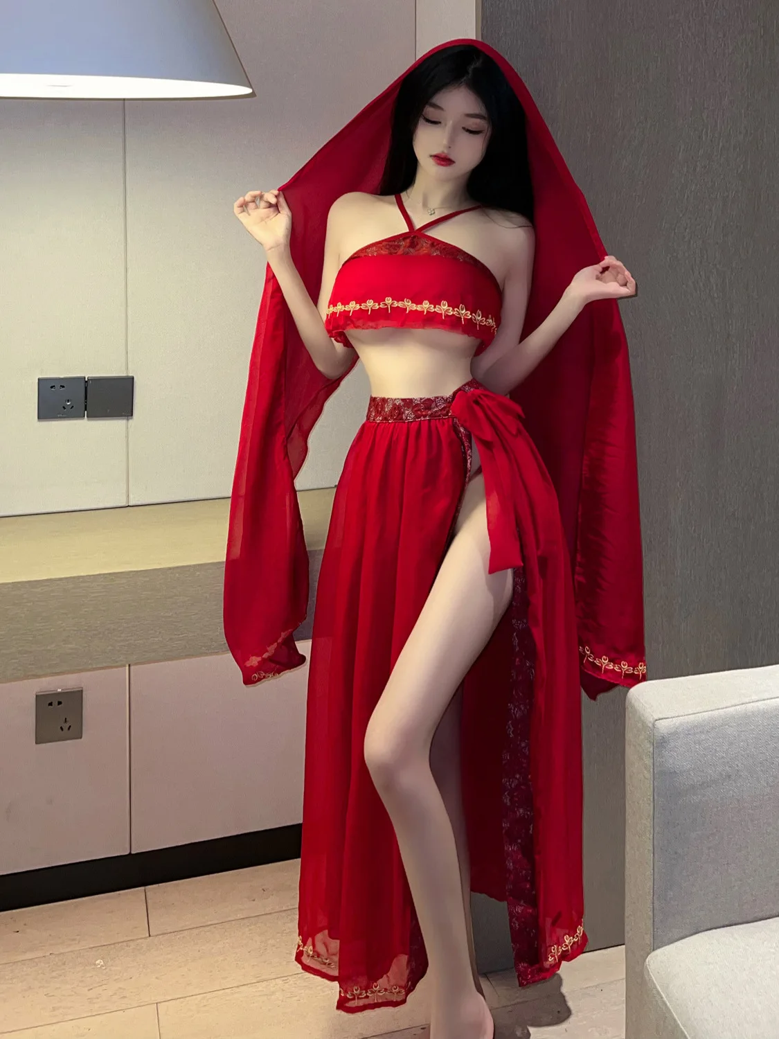 Sexy Hanfu Spicy Girl Uniform Temptation Chinese Style Two Piece Skirt Set Bandage Off Shoulder Top Fashion Sweet S340