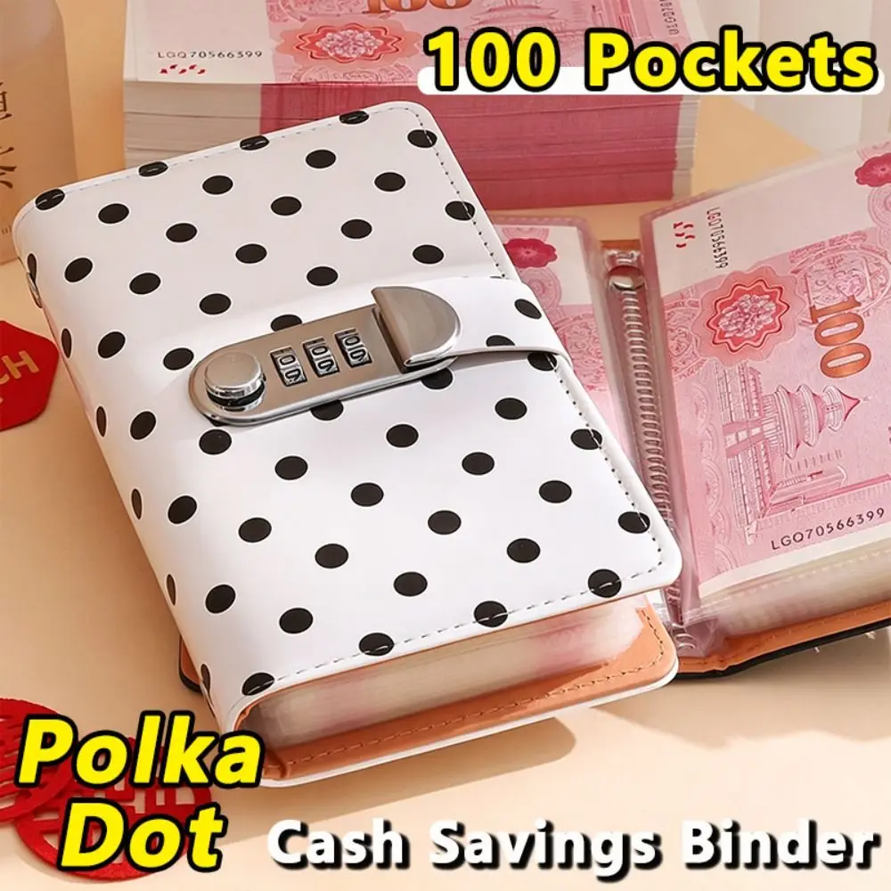 PU Leather Cash Savings Binder with Combination Lock Polka Dot Design Cash Envelope Savings Book 100 Pockets