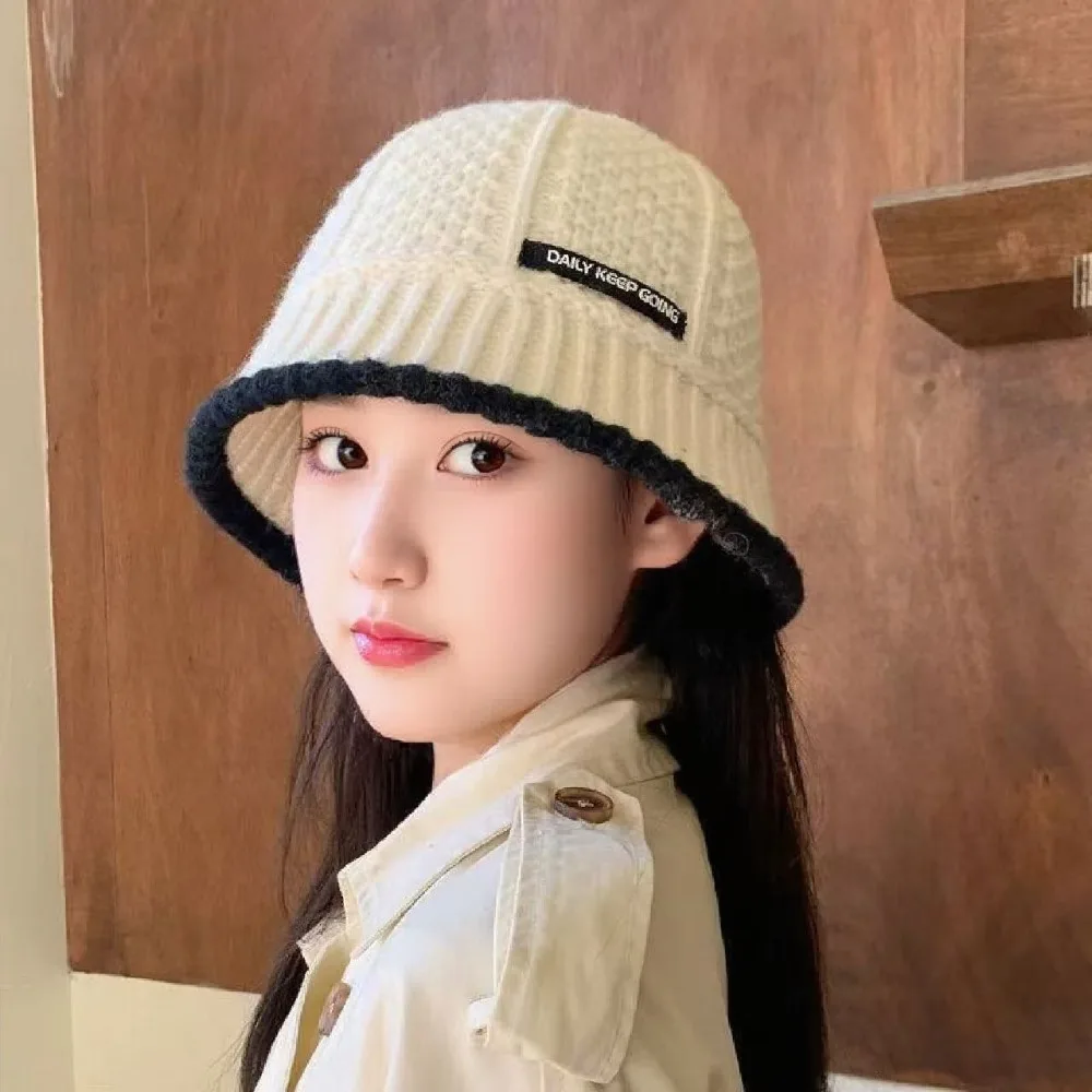 Minimalist Polyester Fiber Knitted Bucket Hat Warm Korean Style Wool Basin Cap Windproof Solid Color Yarn Bucket Cap Daily
