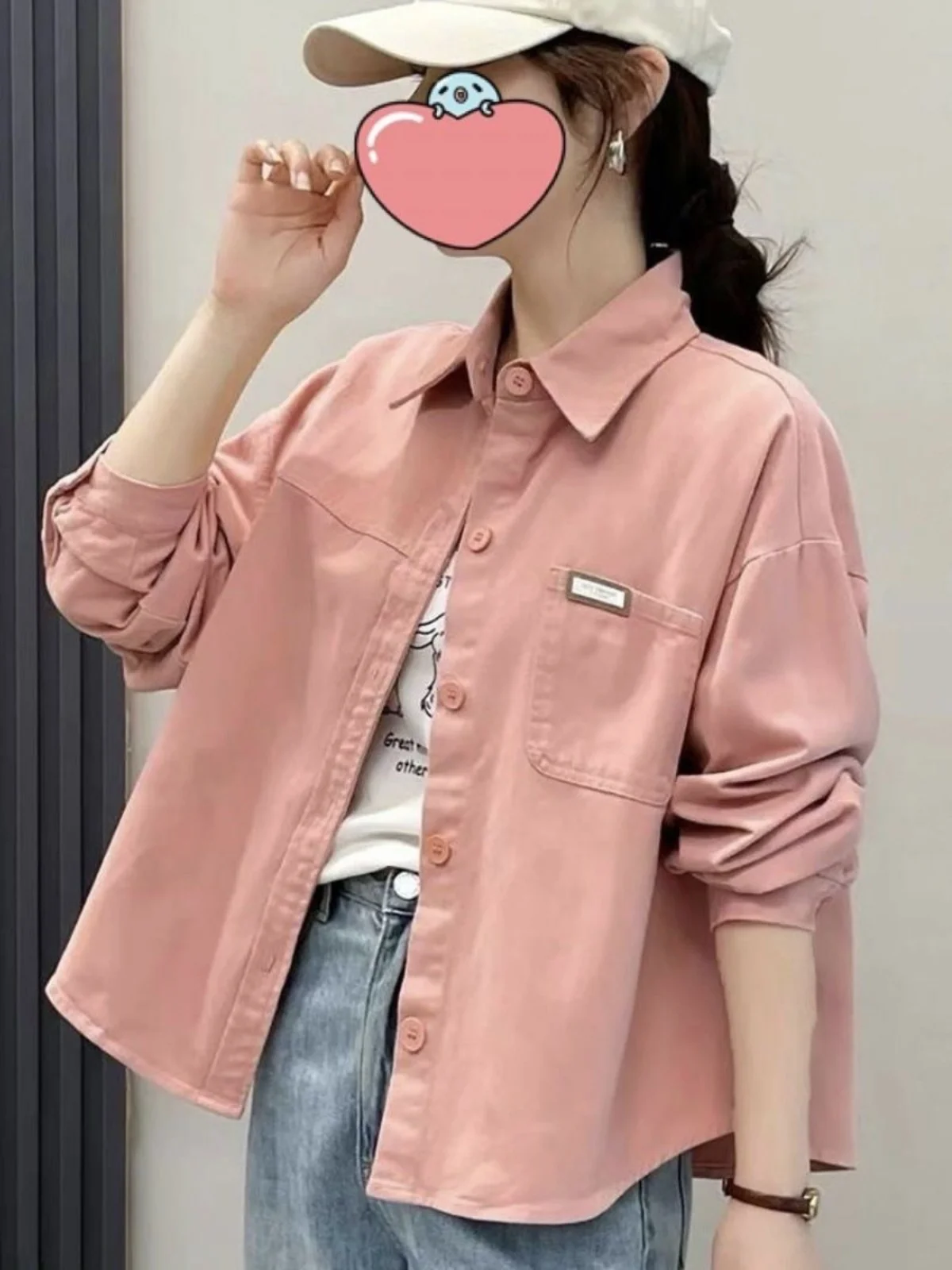 

Pink Denim Cotton ort Jaet Women's Casual Loose Fit Versatile Design Autumn New Sle Warm Thiened Long Sve Collar