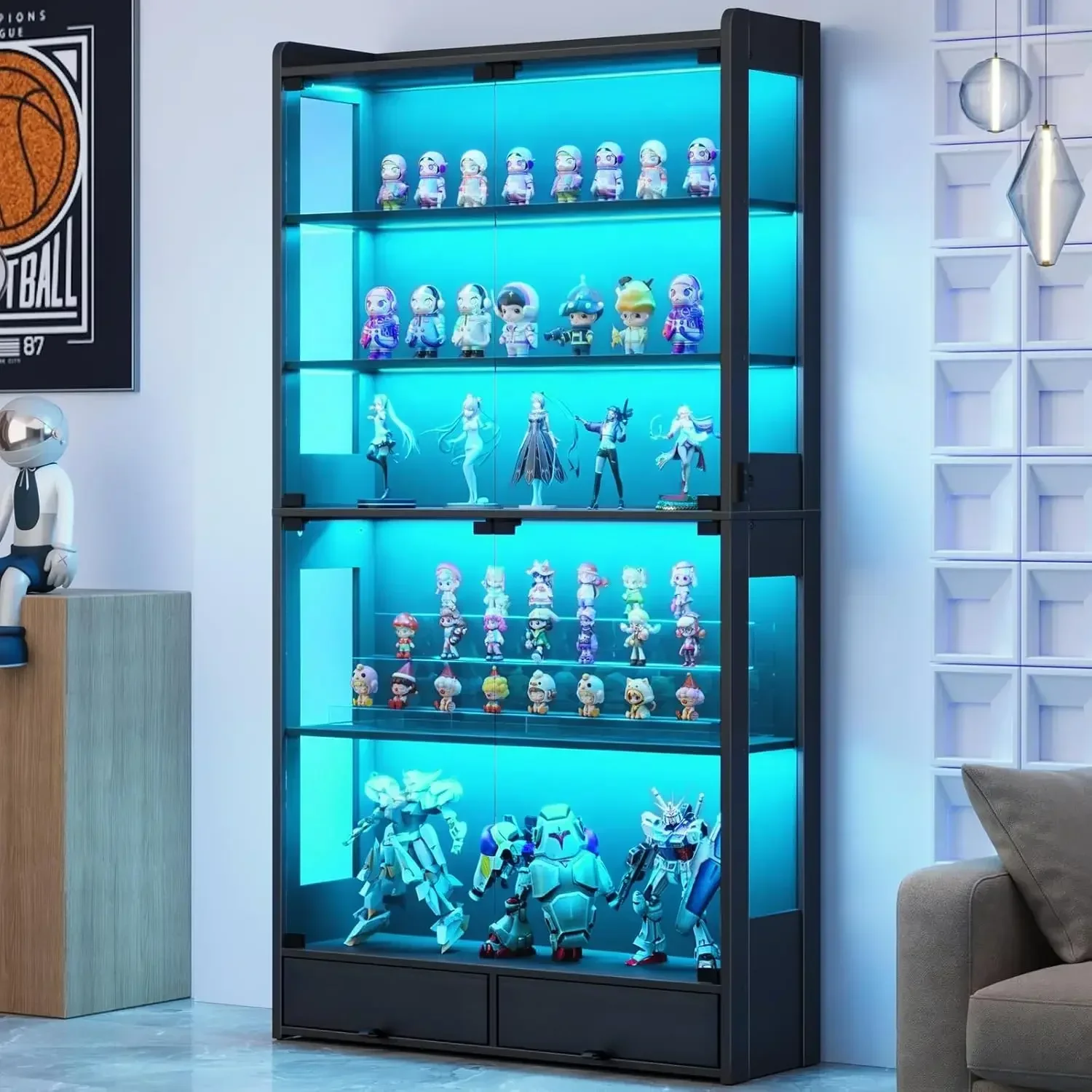 

Glass Display Cabinet Led Lights Tier Showcase Drawers Collectible Figure Display Case Freestanding Curio Cabinet Tall Storage S