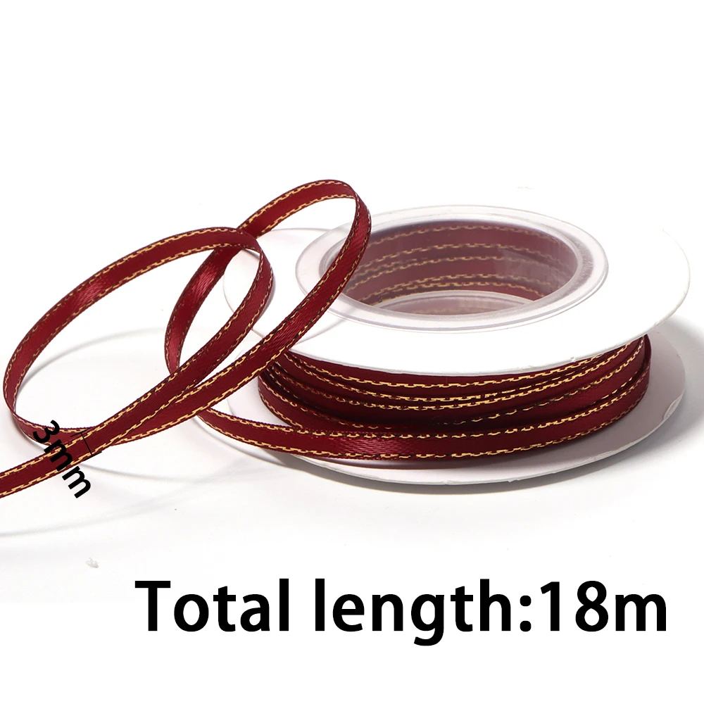 18M/Roll 3mm Gold Edge Satin Ribbon Satin Fabric Ribbons with Golden Border for Crafts Bow Making Gift Wrapping Wedding Decor