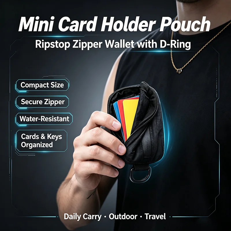 Mini Zipper Key Pouch Ripstop Nylon Portable Earbud Card Storage Bag D‑ring Hook Design Small Outdoor Wallet Pocket Organizer
