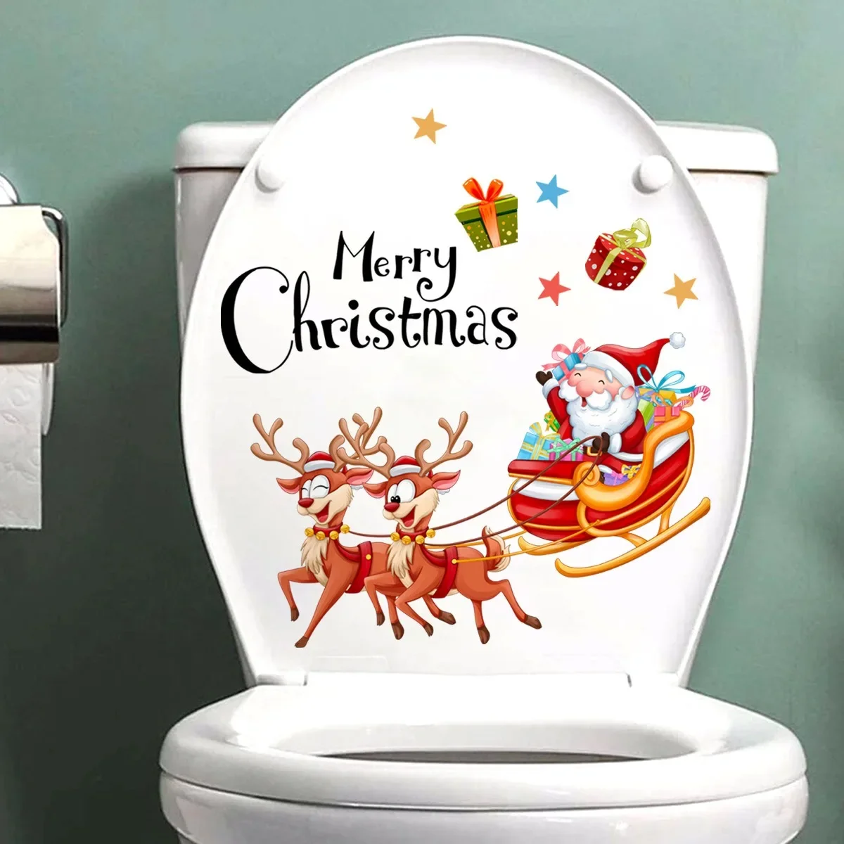 Christmas Cartoon Santa Claus Deer Cart Toilet Cover Stickers Merry Christmas Home Toilet Decorative Stickers Happy New Year