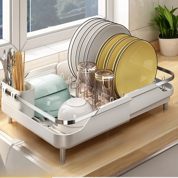 

Stainless Steel Dish Drying Rack Adjustable Kitchen Plates Organizer with Drainboard Over Sink Countertop Cutlery Storage Holder