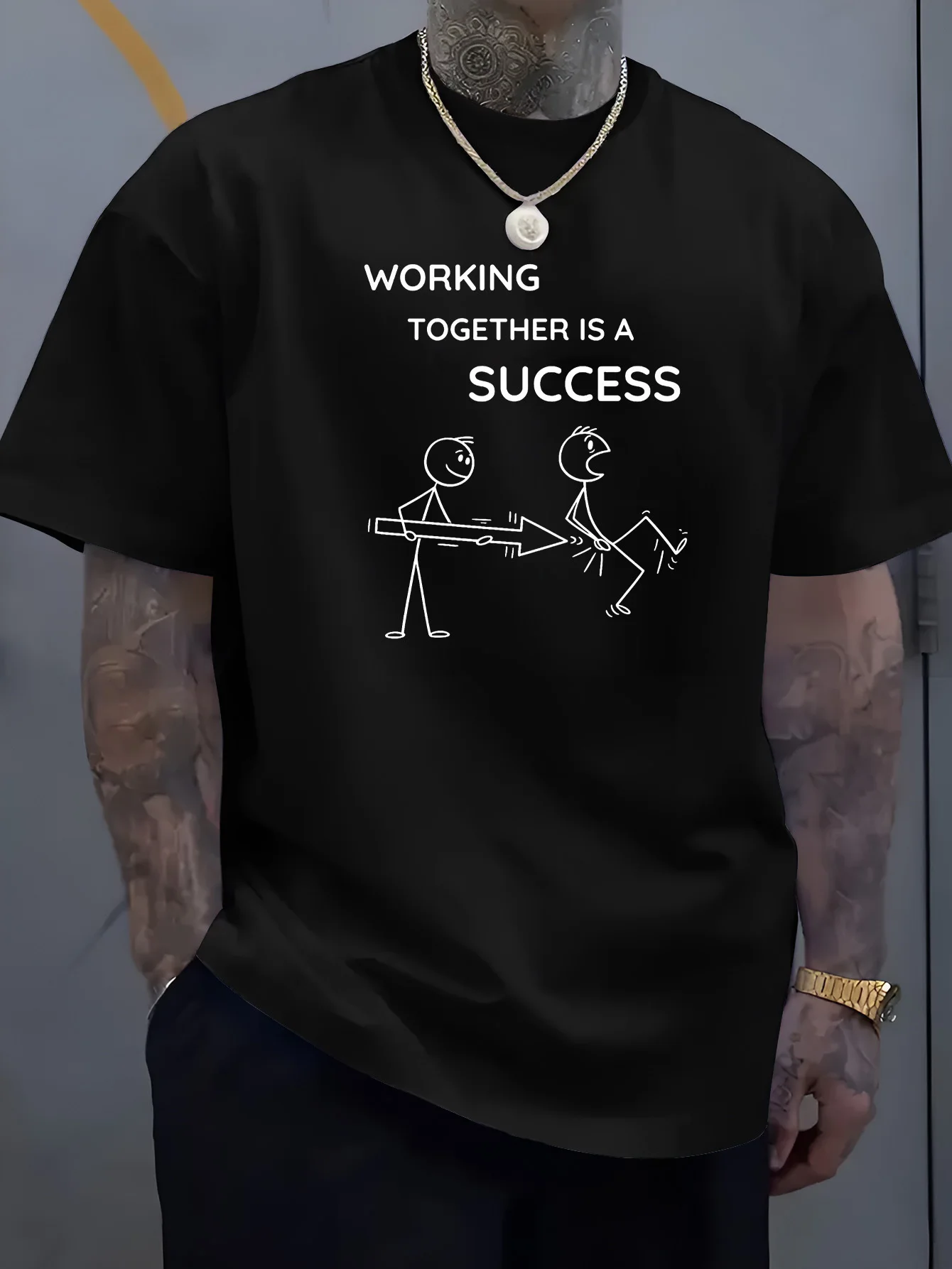 Men White Crew Neck Tee Funny Stick Figure Teamwork Graphic Working Together Is A Success Humorous Office Casual Cotton Male Top