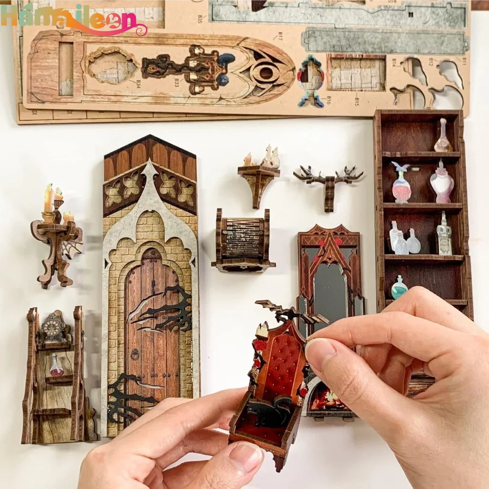 Hamaileon DIY Book Nook Kit Shelf Insert Miniature 3D Wooden Puzzle Bookshelf Dollhouse Bookend Toys（Twilight Castle）