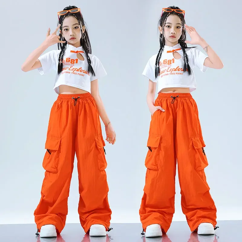 Girls Hip Hop Dancing Crop Top Orange Cargo Pants Boys T-shirt Street Dance Joggers Kids Streetwear Children Jazz Clothes Sets